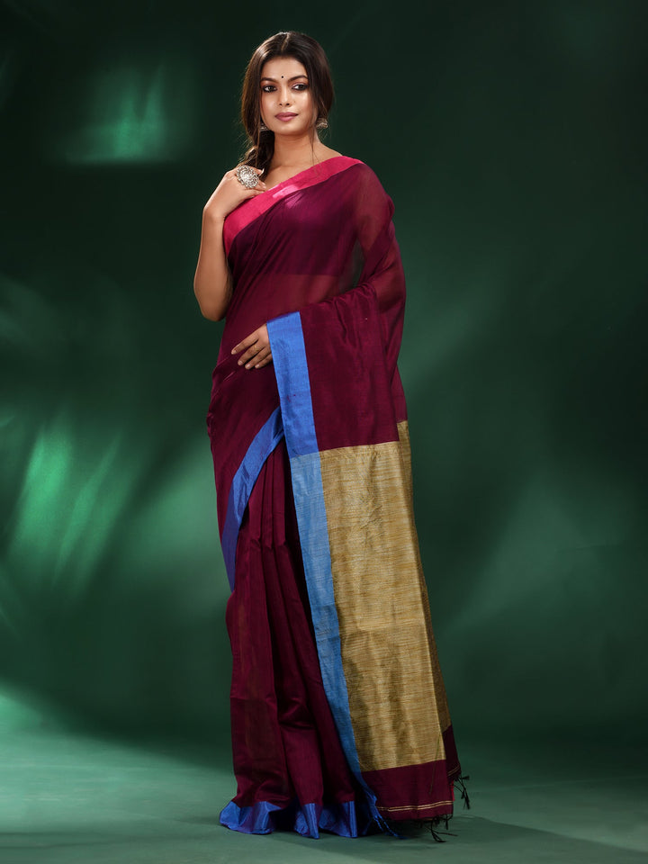 CHARUKRITI Jam Red Cotton Soft Dual Border Saree with Unstitched Blouse