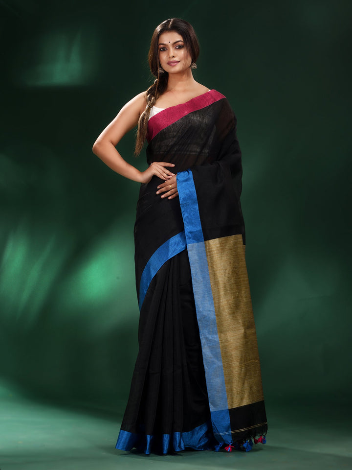 CHARUKRITI Black Cotton Soft Saree with Dual Bordar with Unstitched Blouse