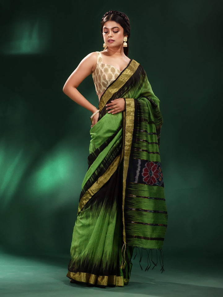 CHARUKRITI Green Blended Cotton Handwoven Saree with Unstitched Blouse