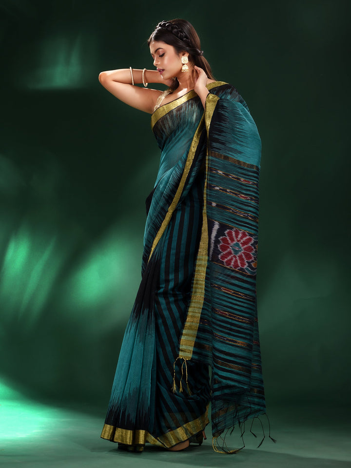 CHARUKRITI Teal Blended Cotton Handwoven Saree with Unstitched Blouse