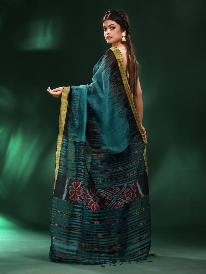 CHARUKRITI Teal Blended Cotton Handwoven Saree with Unstitched Blouse