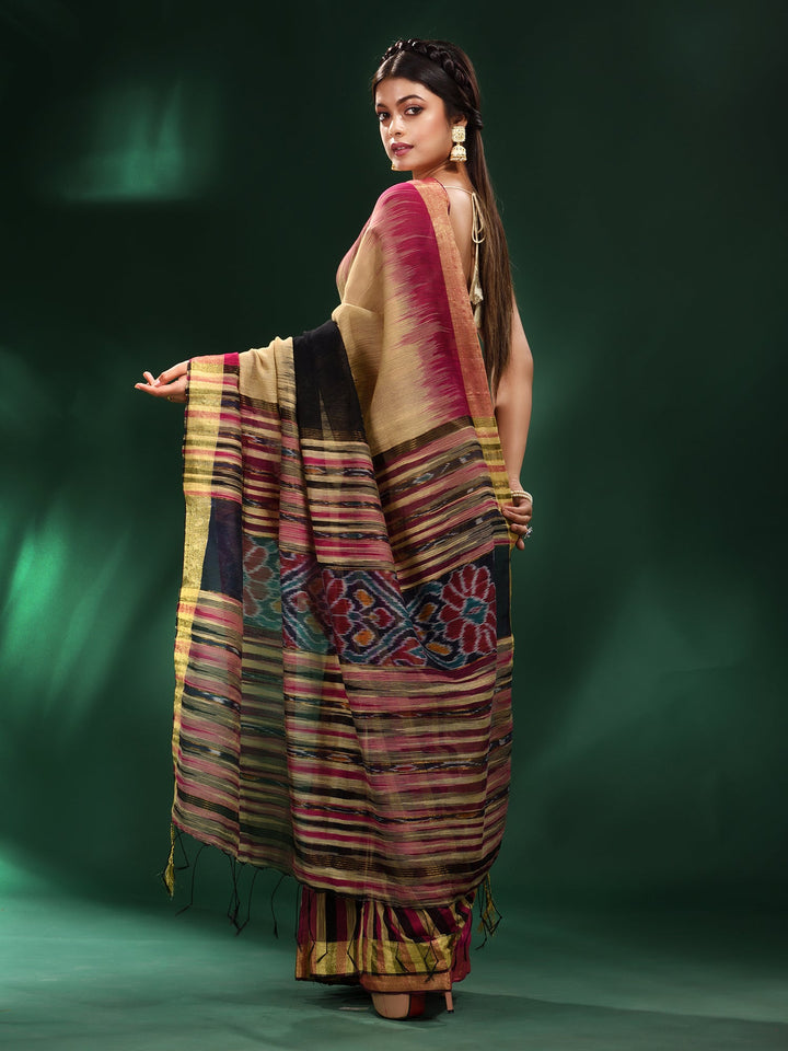 CHARUKRITI Beige Blended Cotton Handwoven Saree with Unstitched Blouse