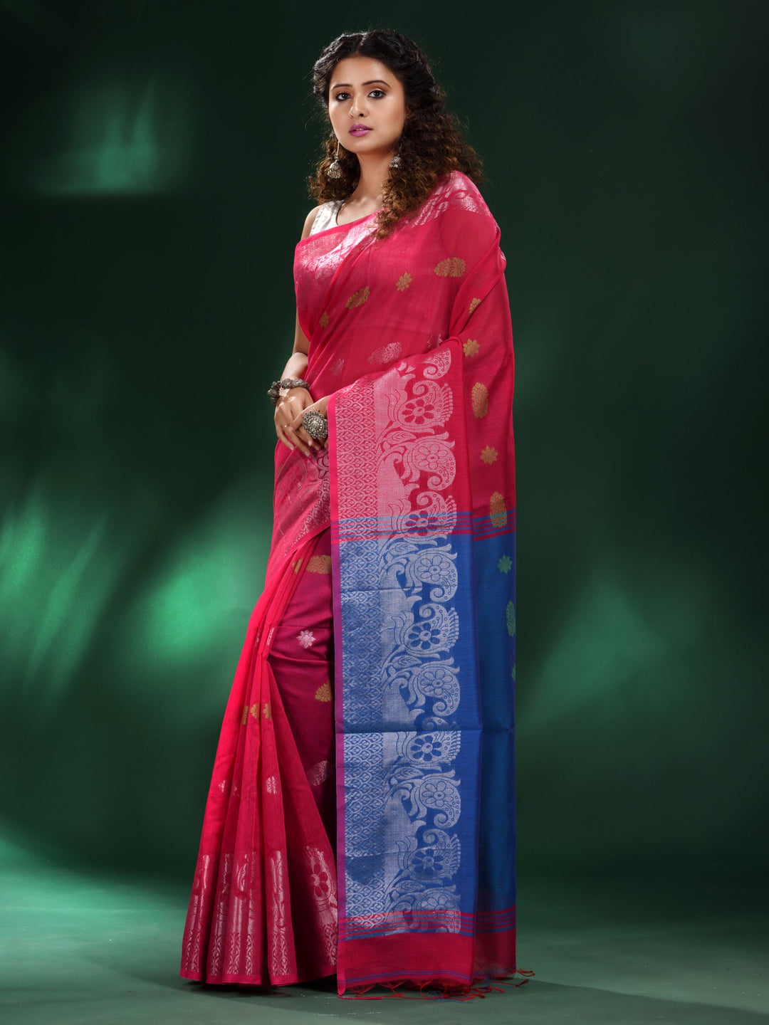 CHARUKRITI Red Blended Cotton Handwoven Contrast Pallu Saree with Unstitched Blouse