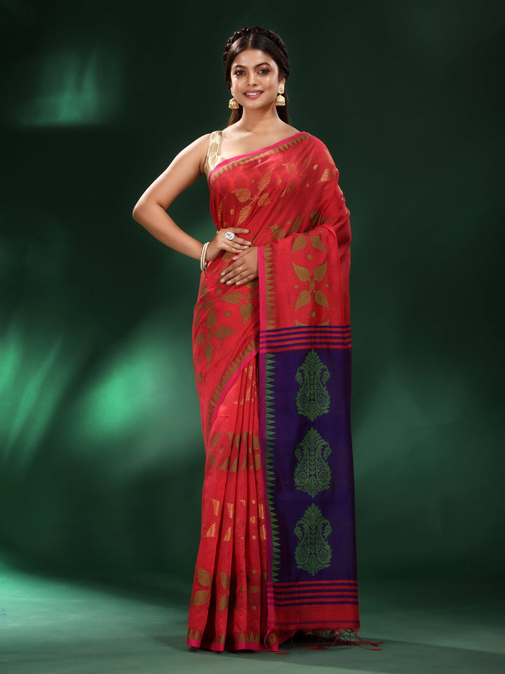 CHARUKRITI Red Blended Cotton Soft Saree with Unstitched Blouse