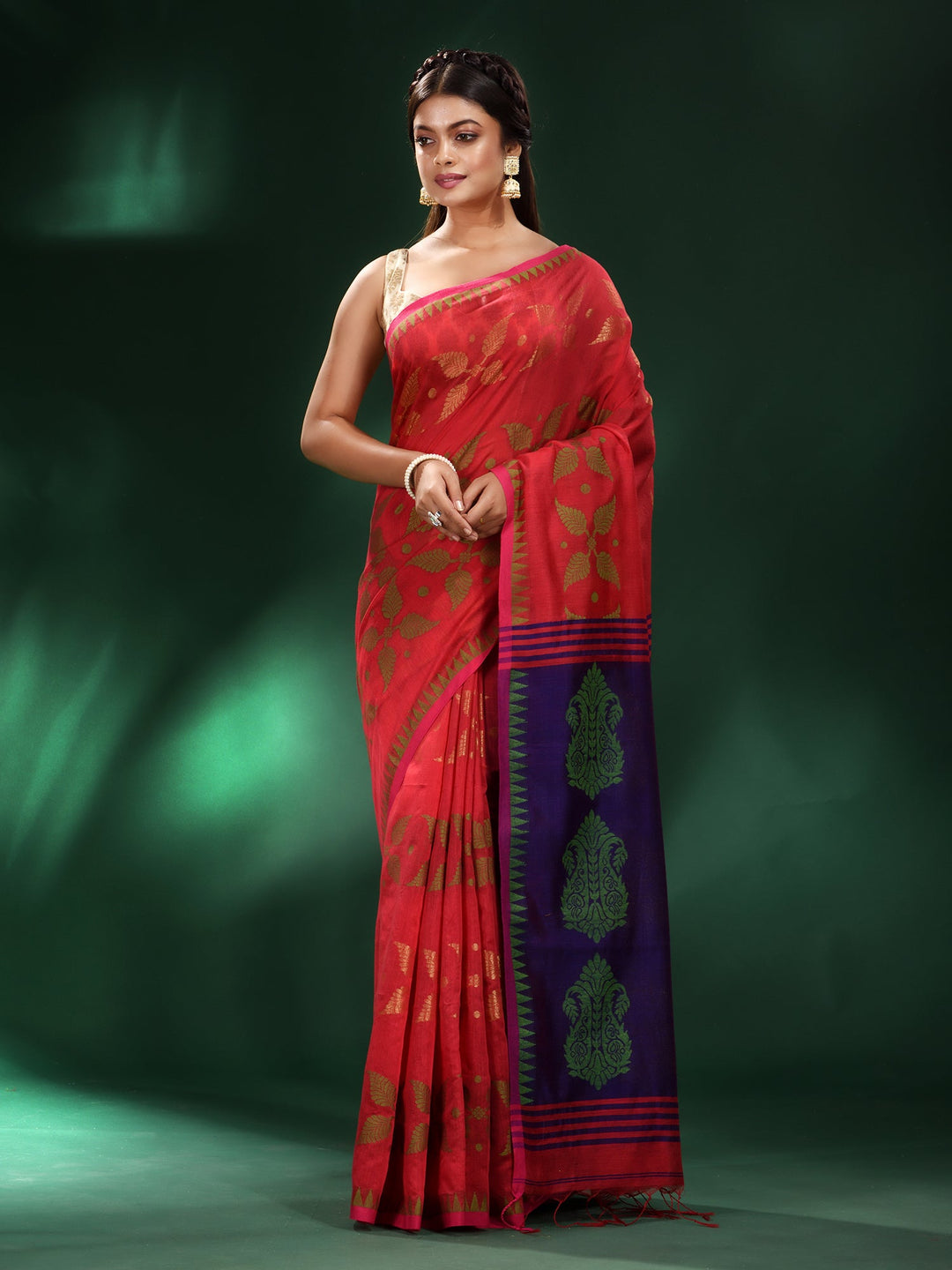 CHARUKRITI Red Blended Cotton Soft Saree with Unstitched Blouse