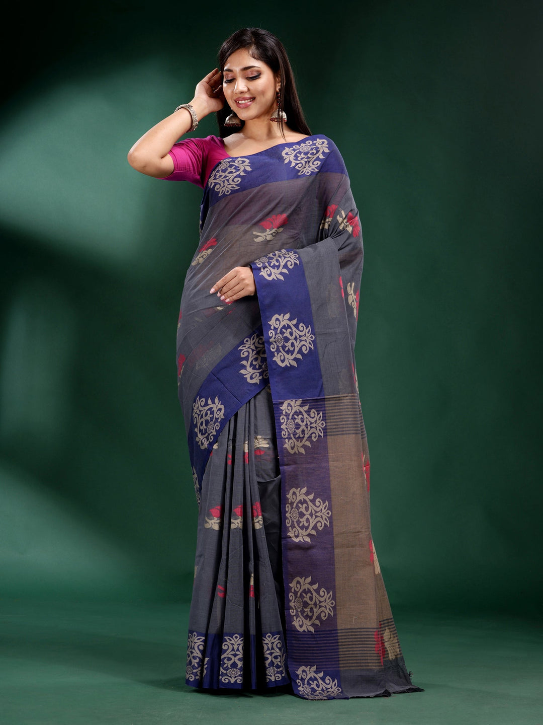 CHARUKRITI Grey Pure Cotton Handwoven Soft Saree