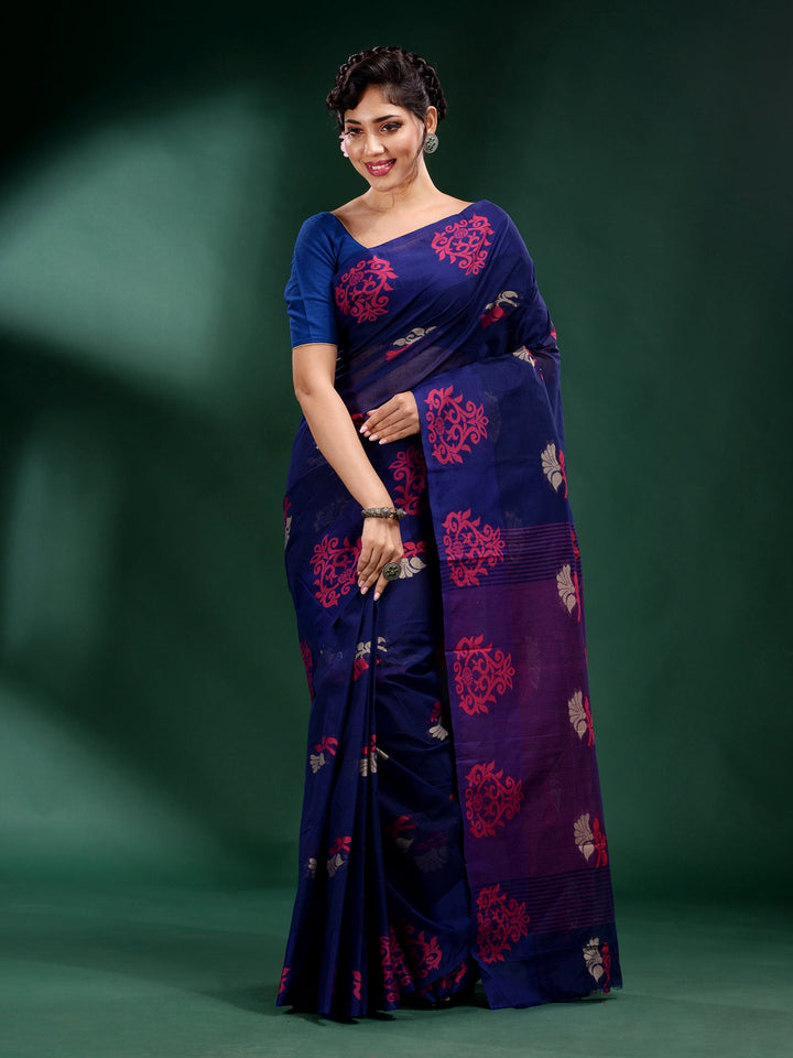 CHARUKRITI Navy Blue Pure Cotton Handwoven Soft Saree