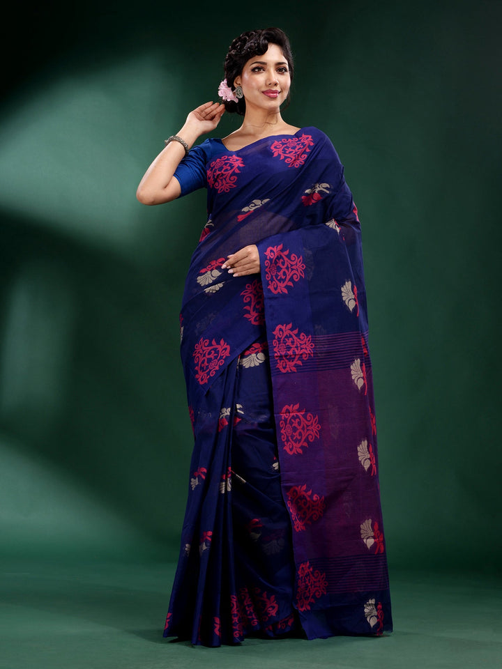 CHARUKRITI Navy Blue Pure Cotton Handwoven Soft Saree