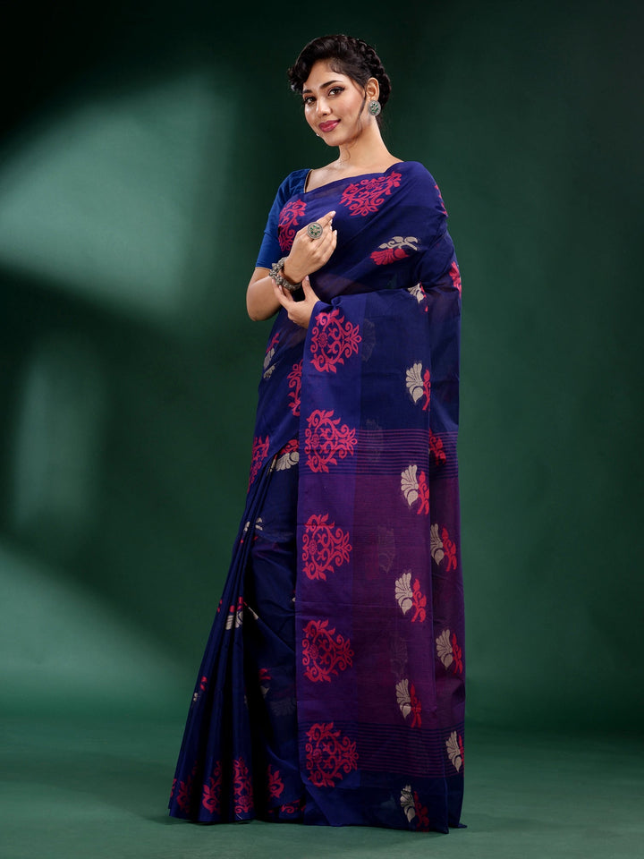 CHARUKRITI Navy Blue Pure Cotton Handwoven Soft Saree