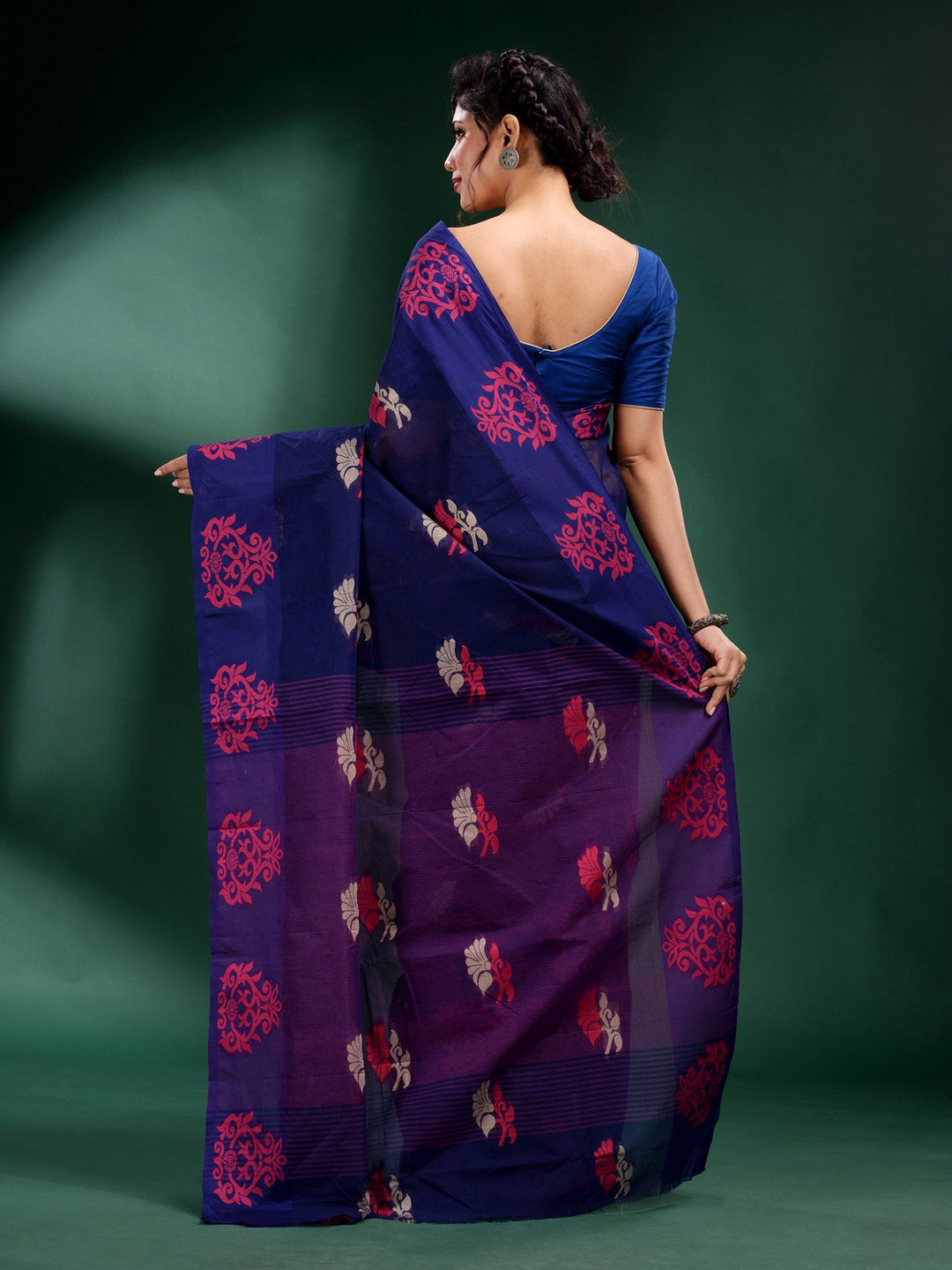 CHARUKRITI Navy Blue Pure Cotton Handwoven Soft Saree