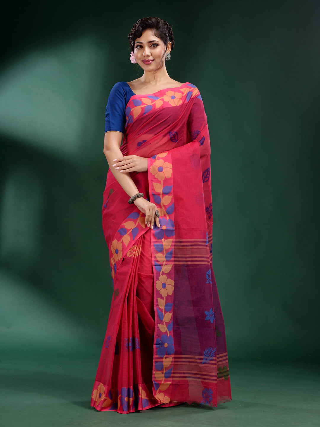 CHARUKRITI Fuchsia Pure Cotton Handwoven Soft Saree