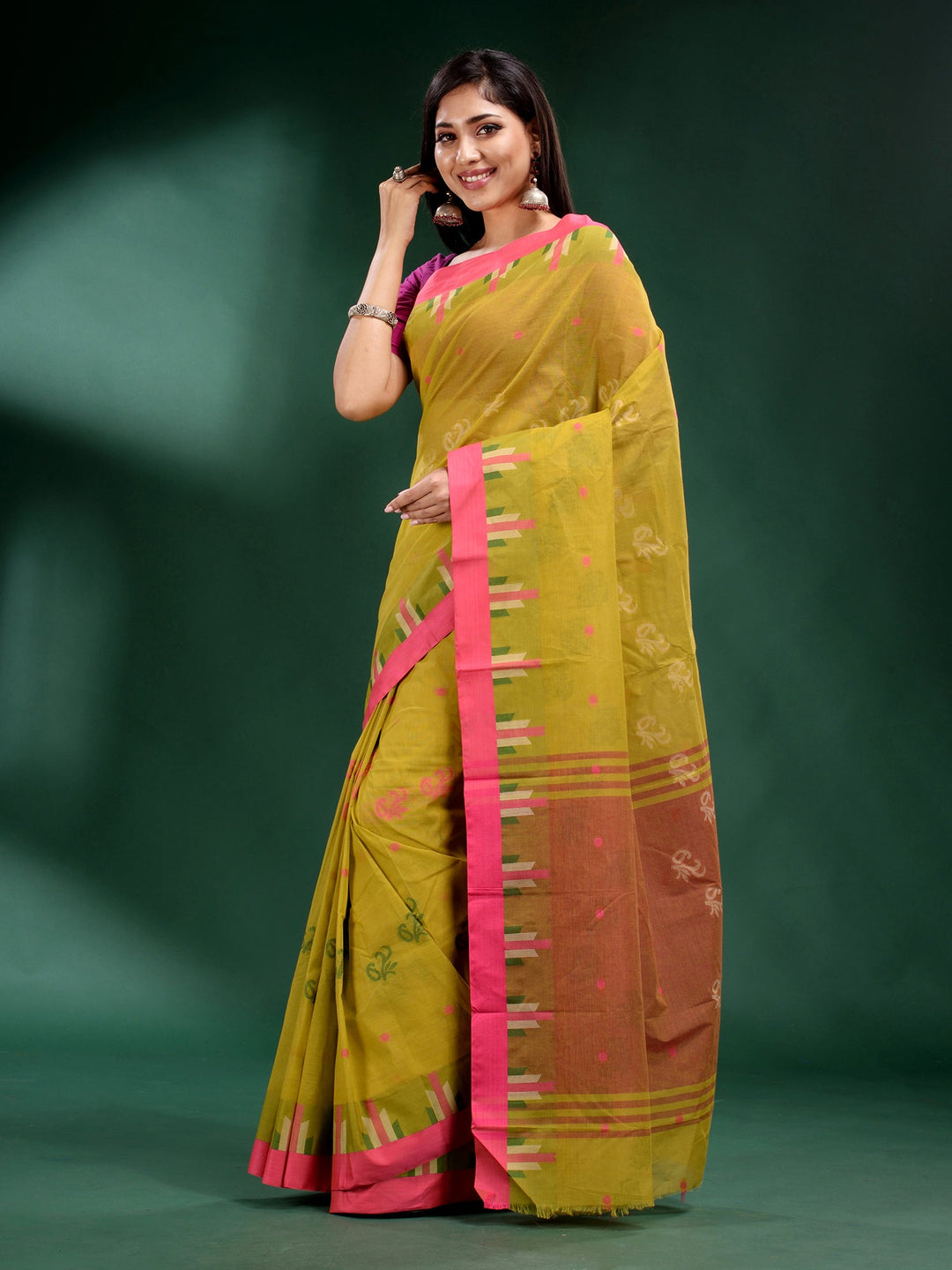 CHARUKRITI Yellow Pure Cotton Handwoven Soft Saree