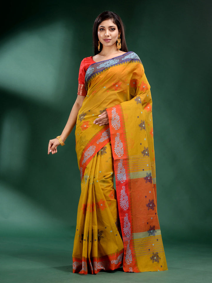 CHARUKRITI Yellow Pure Cotton Handwoven Soft Saree