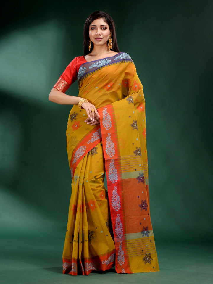 CHARUKRITI Yellow Pure Cotton Handwoven Soft Saree