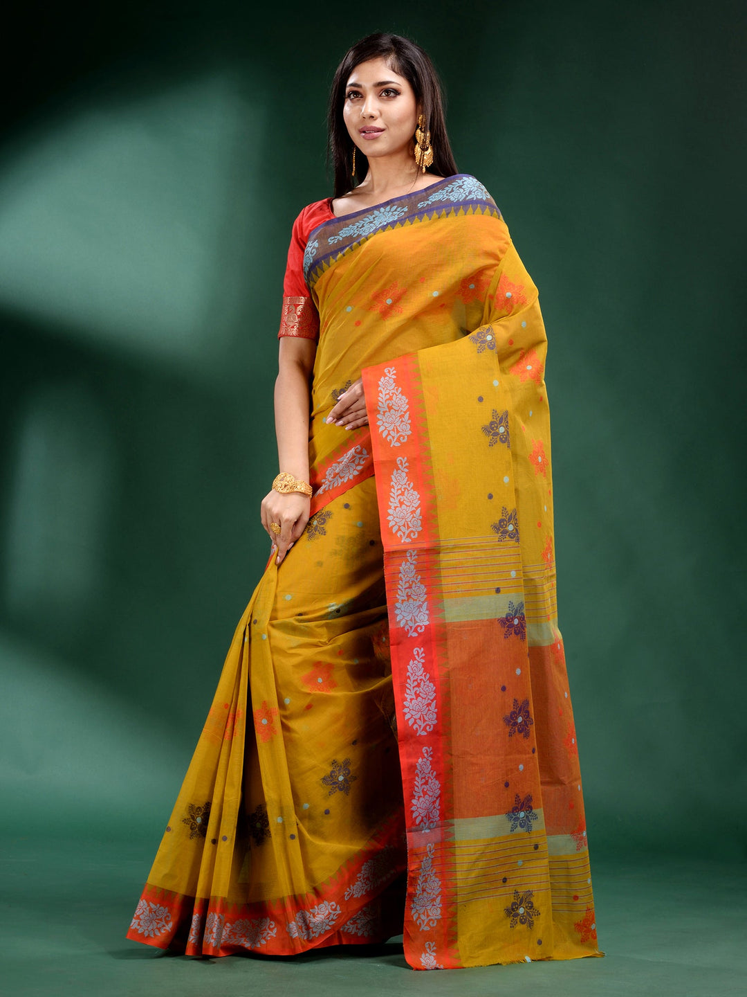 CHARUKRITI Yellow Pure Cotton Handwoven Soft Saree