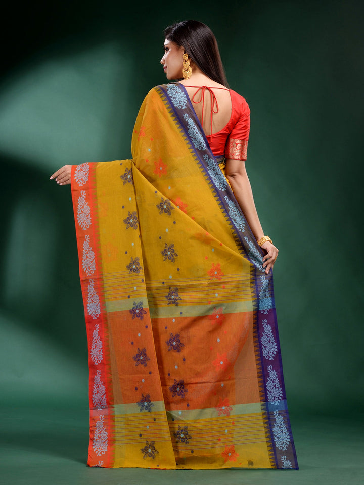 CHARUKRITI Yellow Pure Cotton Handwoven Soft Saree