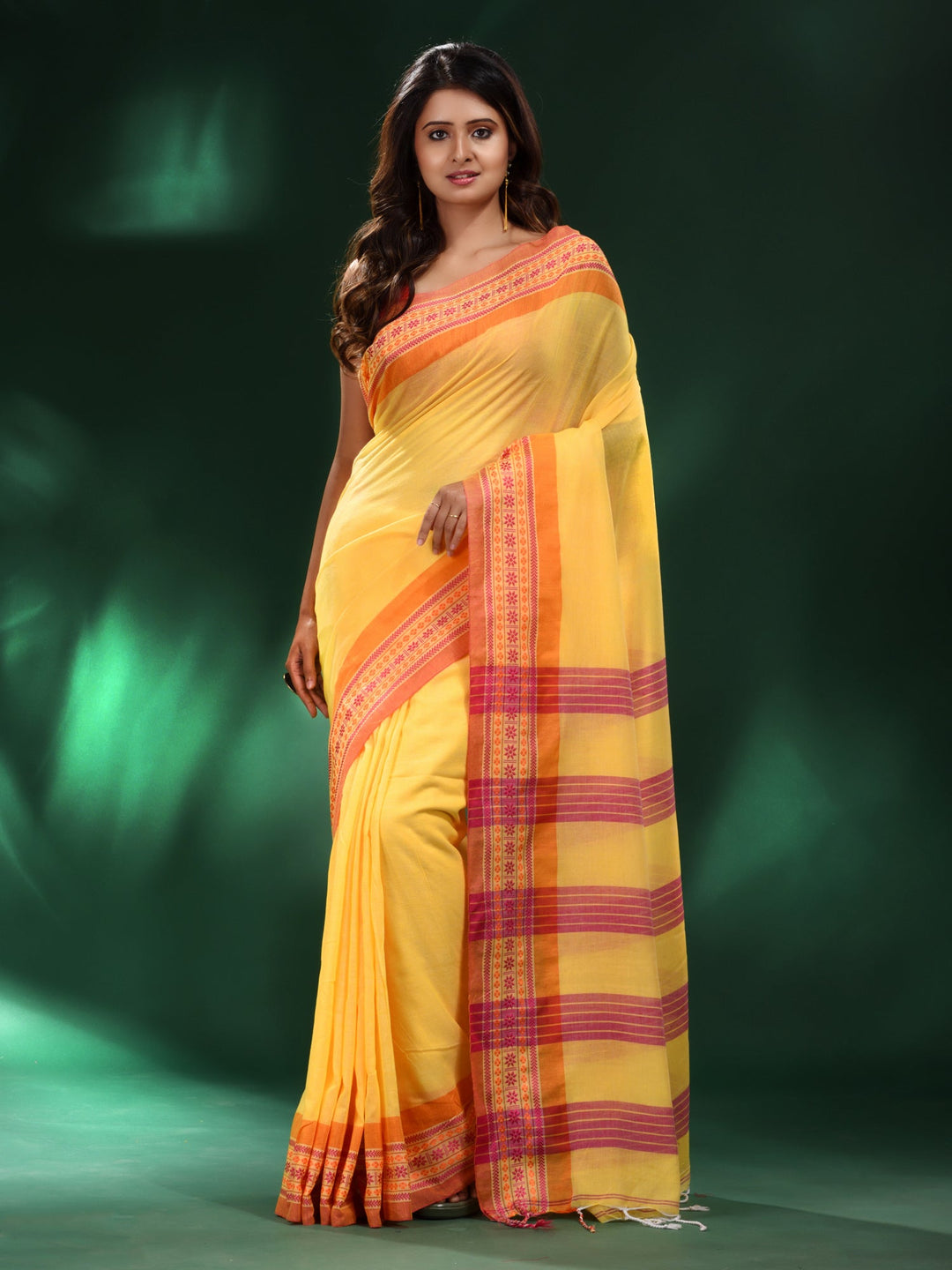 CHARUKRITI Yellow Cotton Soft Saree with Unstitched Blouse