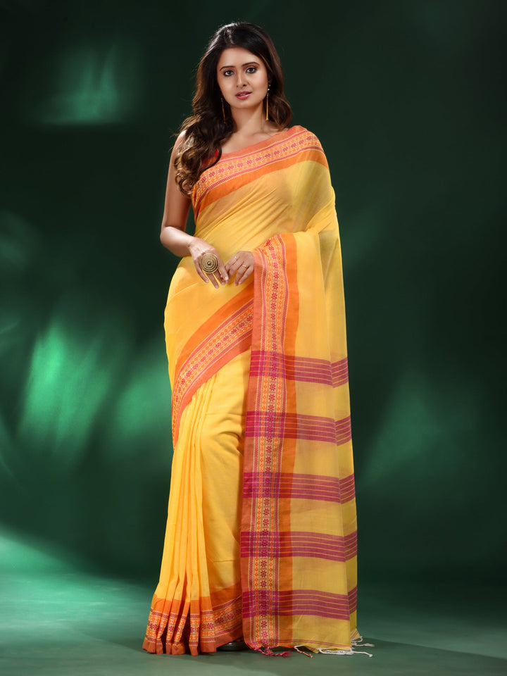 CHARUKRITI Yellow Cotton Soft Saree with Unstitched Blouse