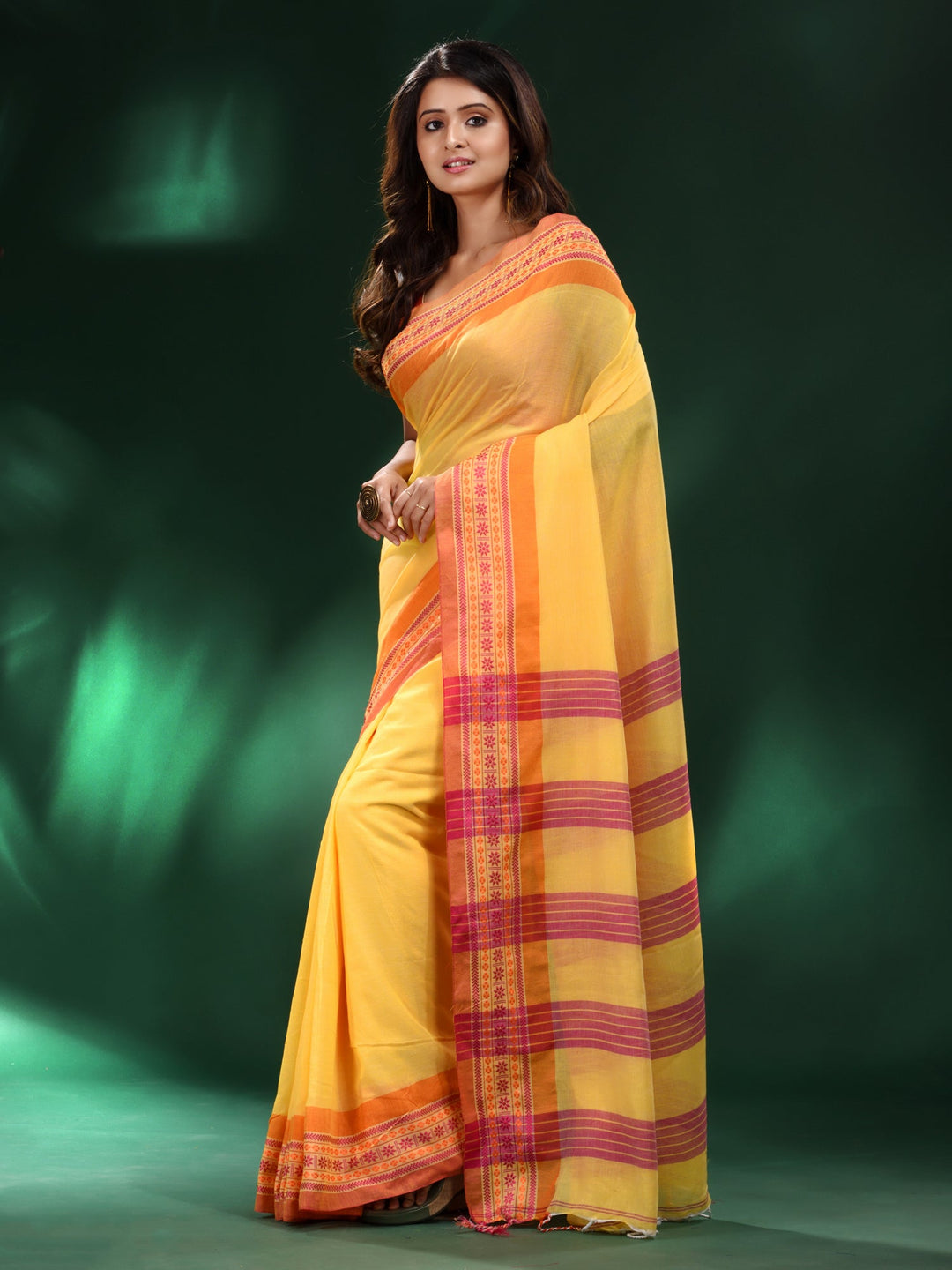 CHARUKRITI Yellow Cotton Soft Saree with Unstitched Blouse