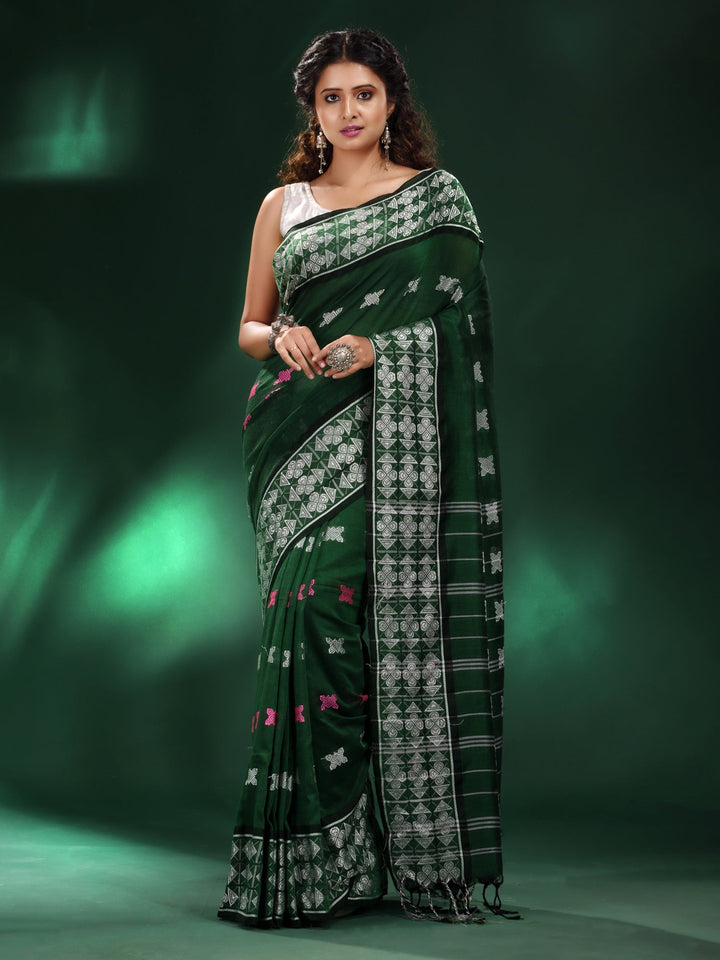 CHARUKRITI Bottle Green Cotton Soft Geometric Motif All Over Saree with Unstitched Blouse