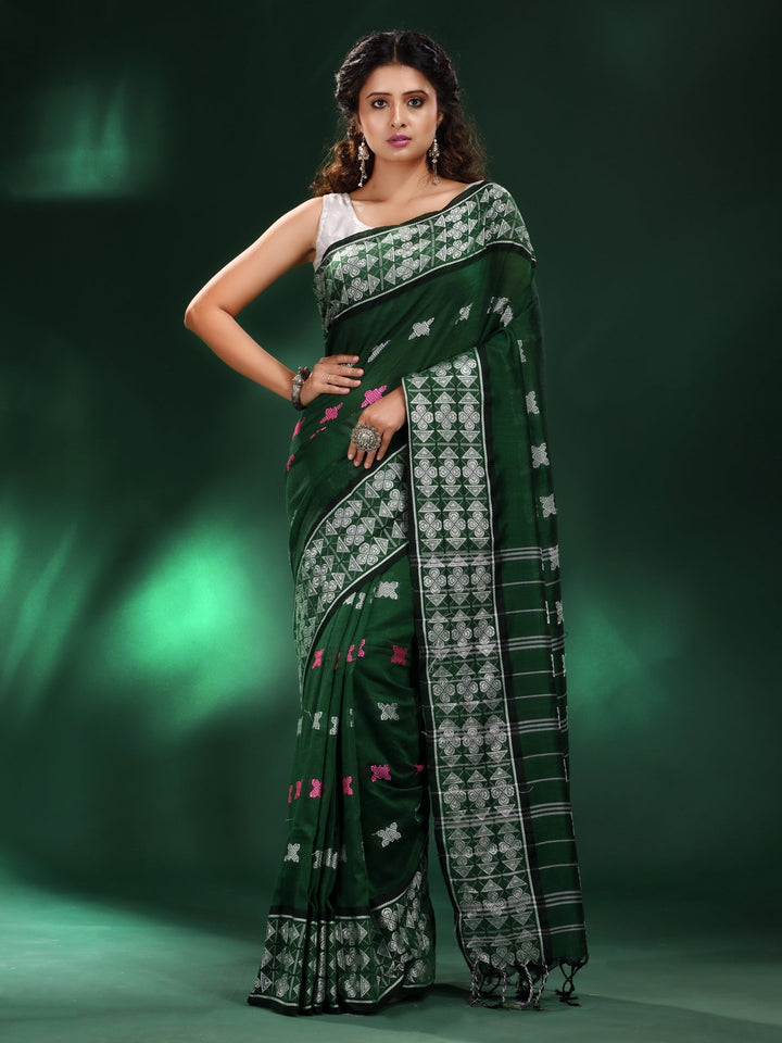 CHARUKRITI Bottle Green Cotton Soft Geometric Motif All Over Saree with Unstitched Blouse