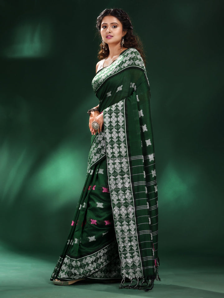 CHARUKRITI Bottle Green Cotton Soft Geometric Motif All Over Saree with Unstitched Blouse