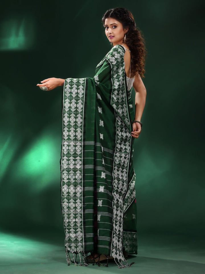 CHARUKRITI Bottle Green Cotton Soft Geometric Motif All Over Saree with Unstitched Blouse