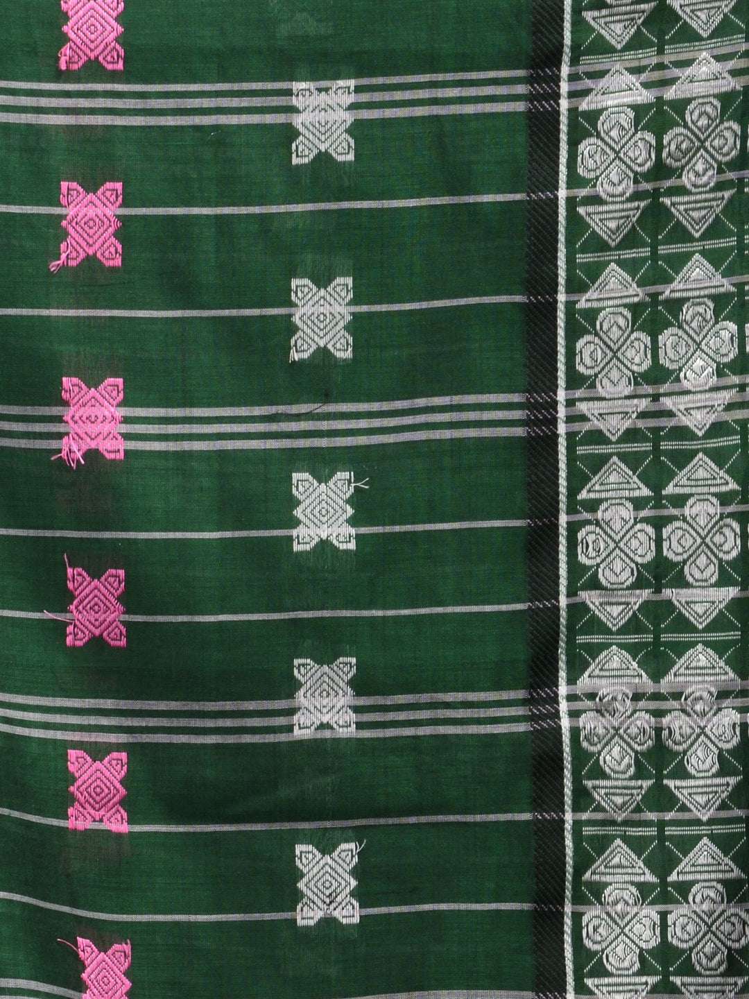 CHARUKRITI Bottle Green Cotton Soft Geometric Motif All Over Saree with Unstitched Blouse