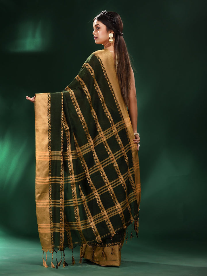 CHARUKRITI Bottle Green Cotton Soft Saree with Unstitched Blouse