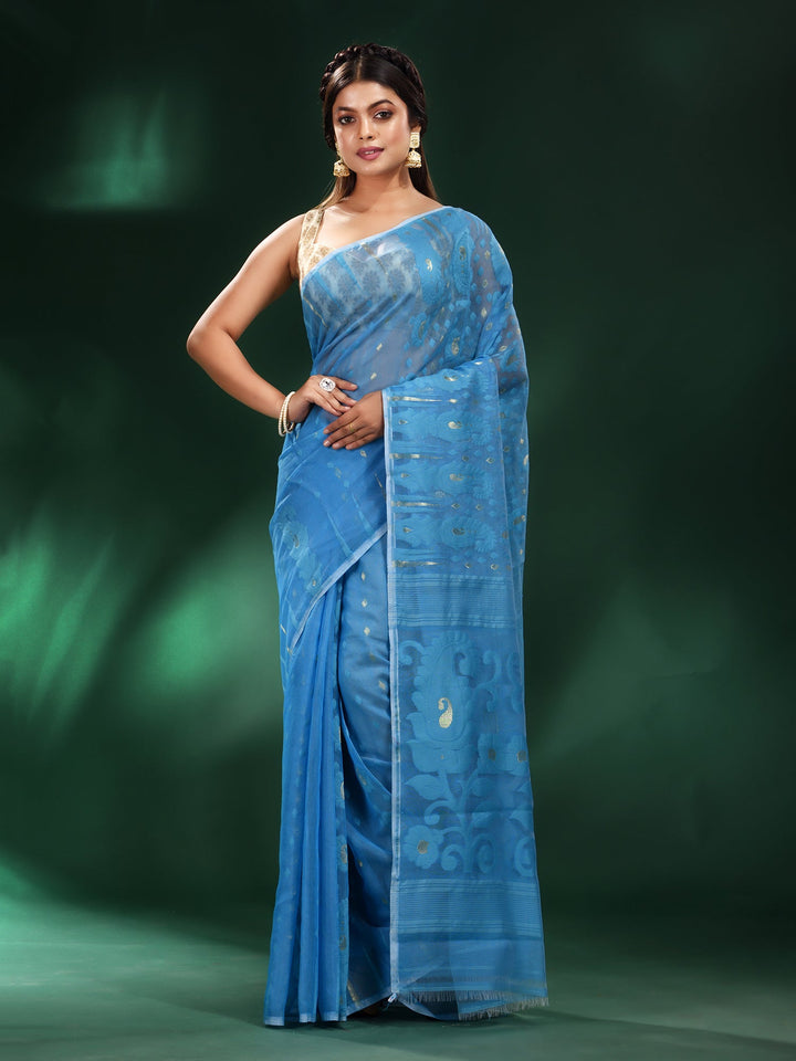 CHARUKRITI Blue Silk Cotton Soft Handwoven Jamdani Saree without Blouse