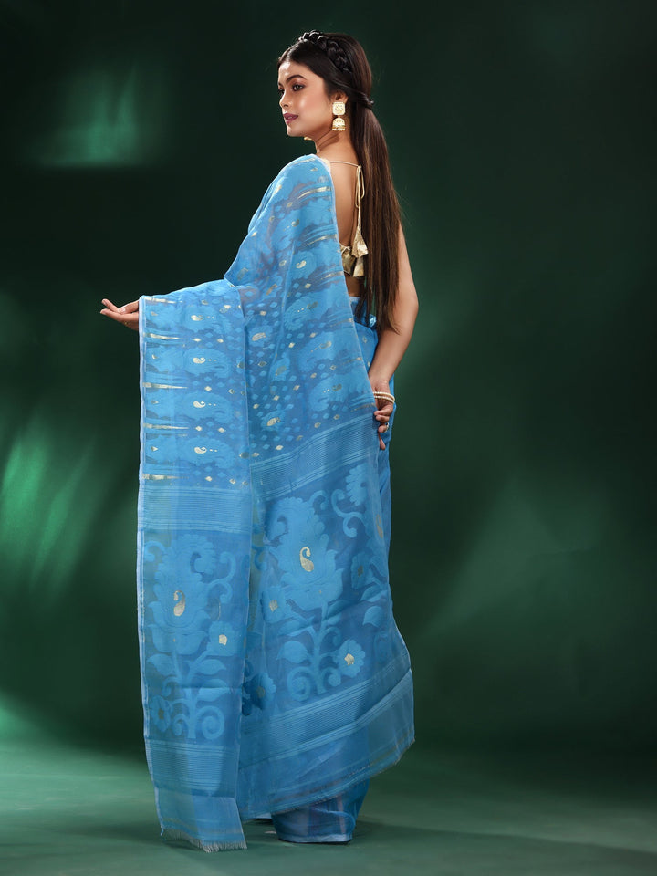 CHARUKRITI Blue Silk Cotton Soft Handwoven Jamdani Saree without Blouse