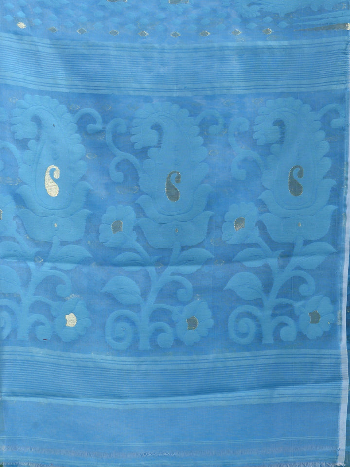 CHARUKRITI Blue Silk Cotton Soft Handwoven Jamdani Saree without Blouse