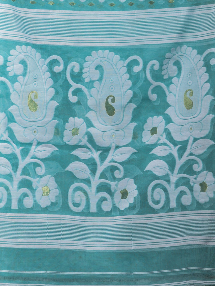 CHARUKRITI Sea Green Silk Cotton Soft Handwoven Jamdani Saree without Blouse
