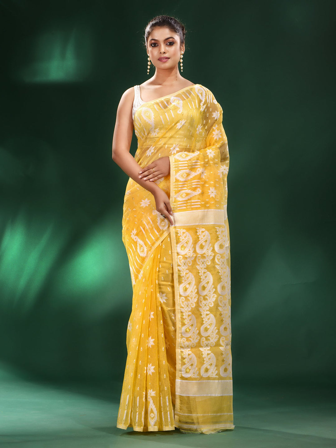 CHARUKRITI Yellow Silk Cotton Handwoven Soft Jamdani Saree without Blouse