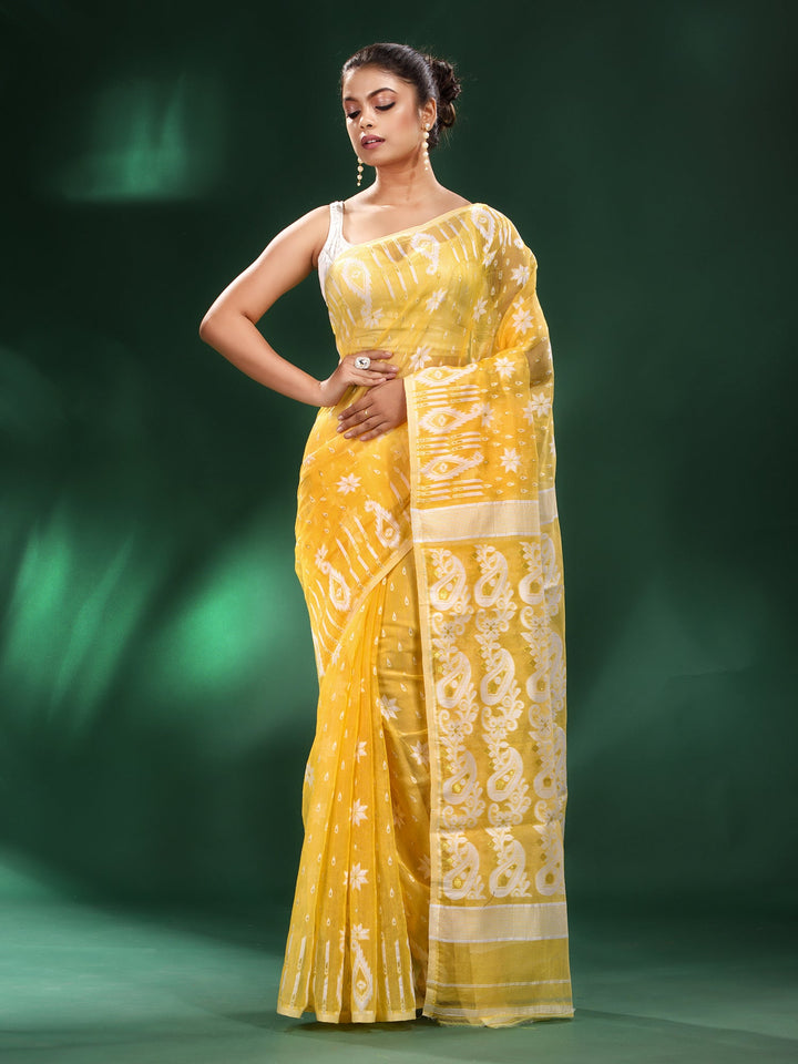 CHARUKRITI Yellow Silk Cotton Handwoven Soft Jamdani Saree without Blouse