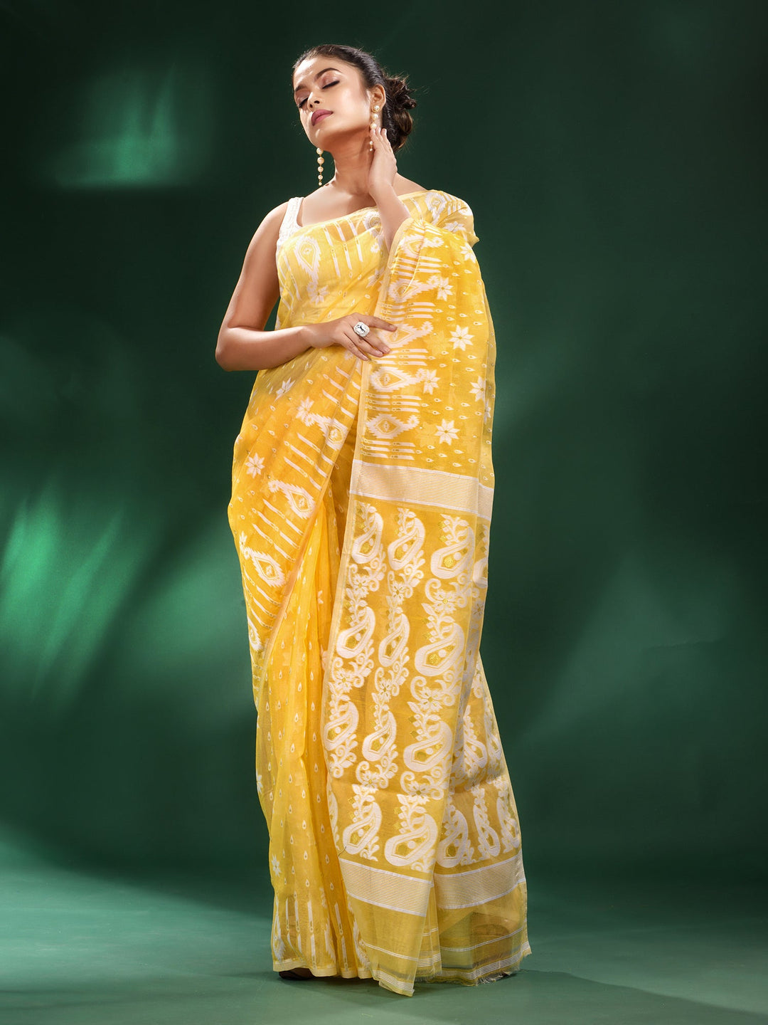 CHARUKRITI Yellow Silk Cotton Handwoven Soft Jamdani Saree without Blouse