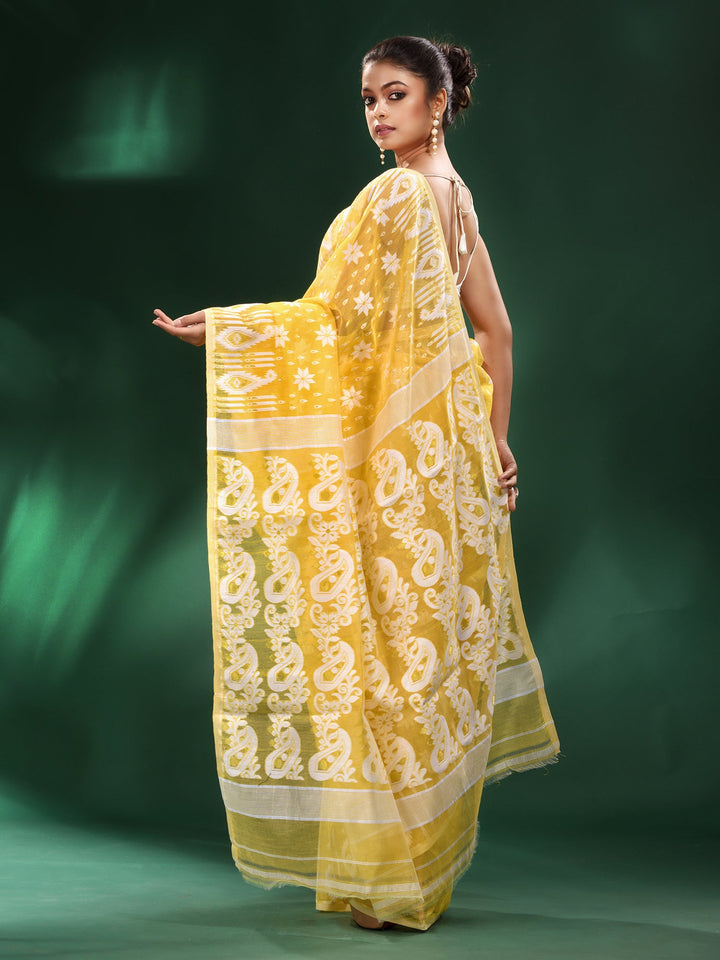 CHARUKRITI Yellow Silk Cotton Handwoven Soft Jamdani Saree without Blouse