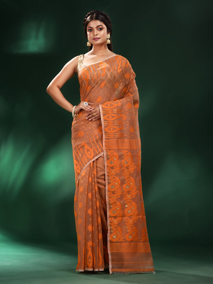 CHARUKRITI Orange Silk Cotton Handwoven Soft Jamdani Saree without Blouse