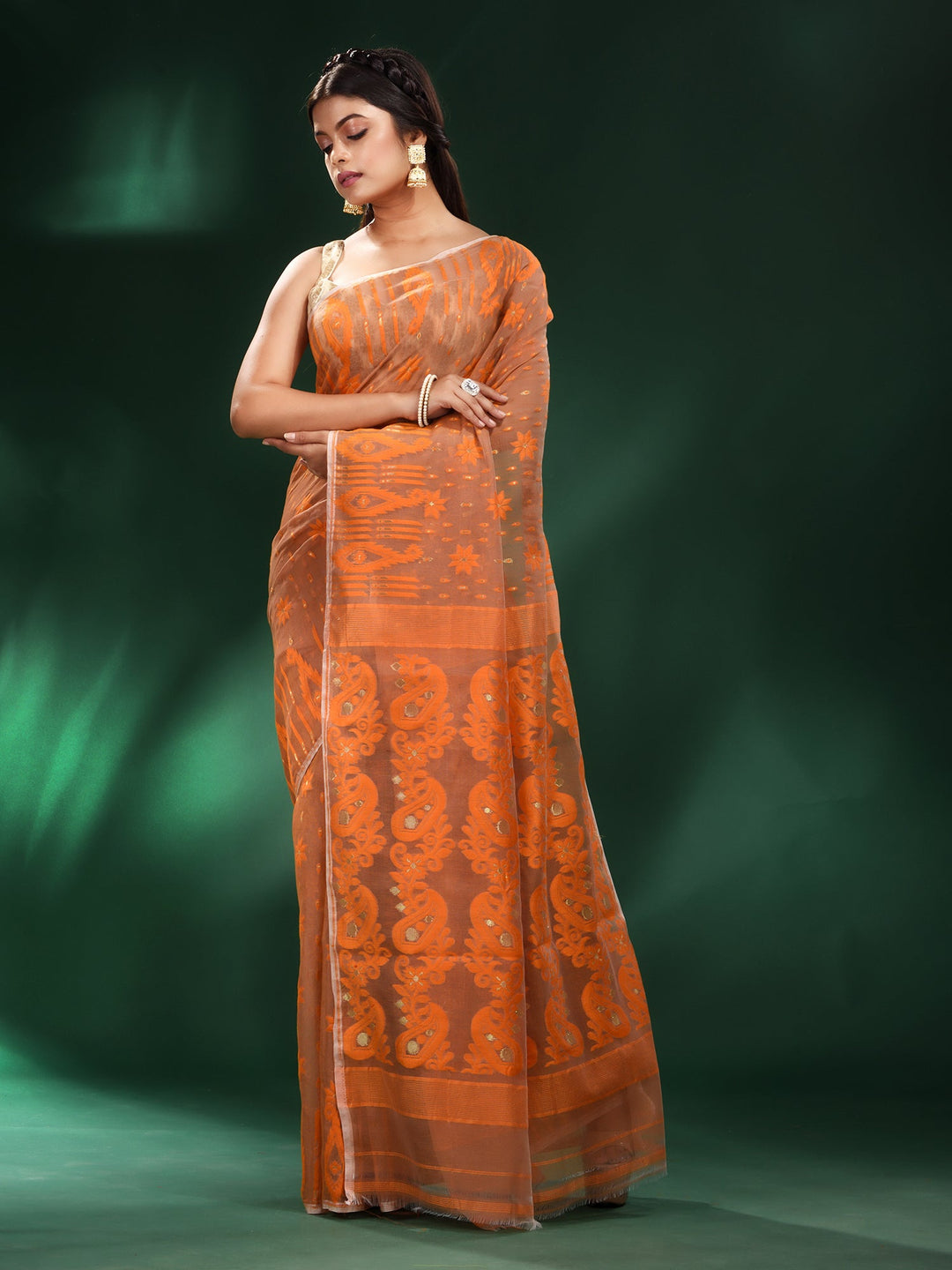 CHARUKRITI Orange Silk Cotton Handwoven Soft Jamdani Saree without Blouse