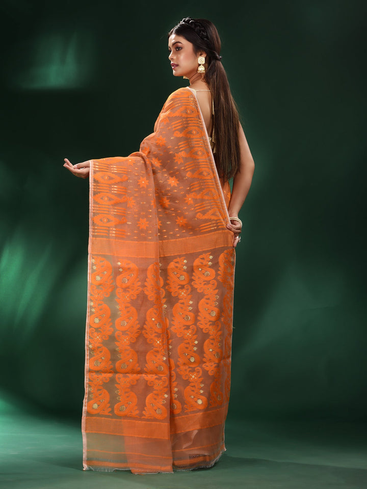 CHARUKRITI Orange Silk Cotton Handwoven Soft Jamdani Saree without Blouse