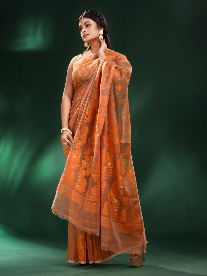 CHARUKRITI Orange Silk Cotton Handwoven Soft Jamdani Saree without Blouse