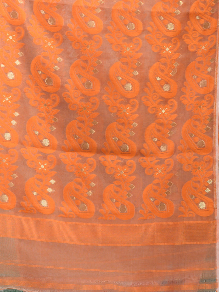 CHARUKRITI Orange Silk Cotton Handwoven Soft Jamdani Saree without Blouse