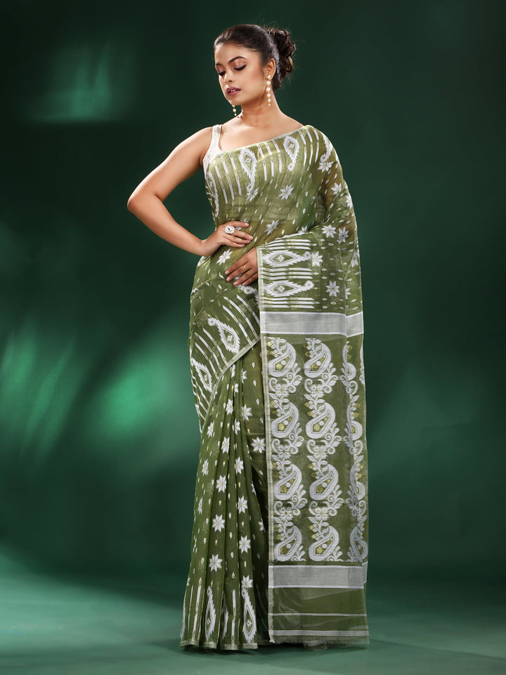 CHARUKRITI Sap Green Silk Cotton Handwoven Soft Jamdani Saree without Blouse