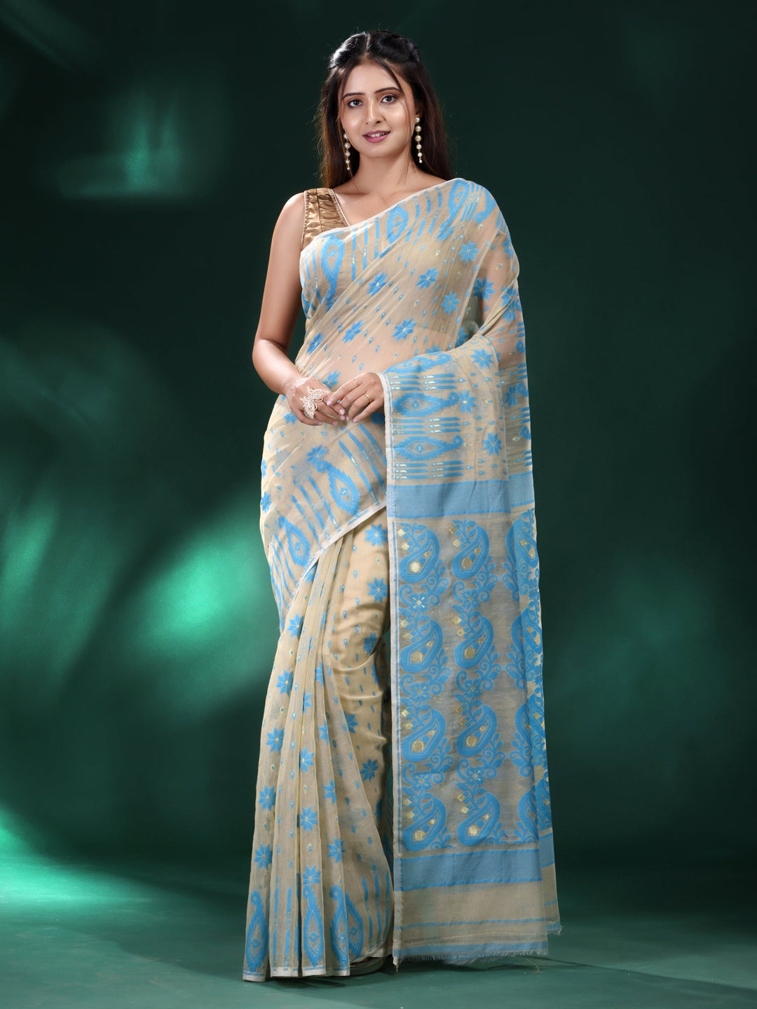 CHARUKRITI Beige Silk Cotton Handwoven Soft Jamdani Saree without Blouse