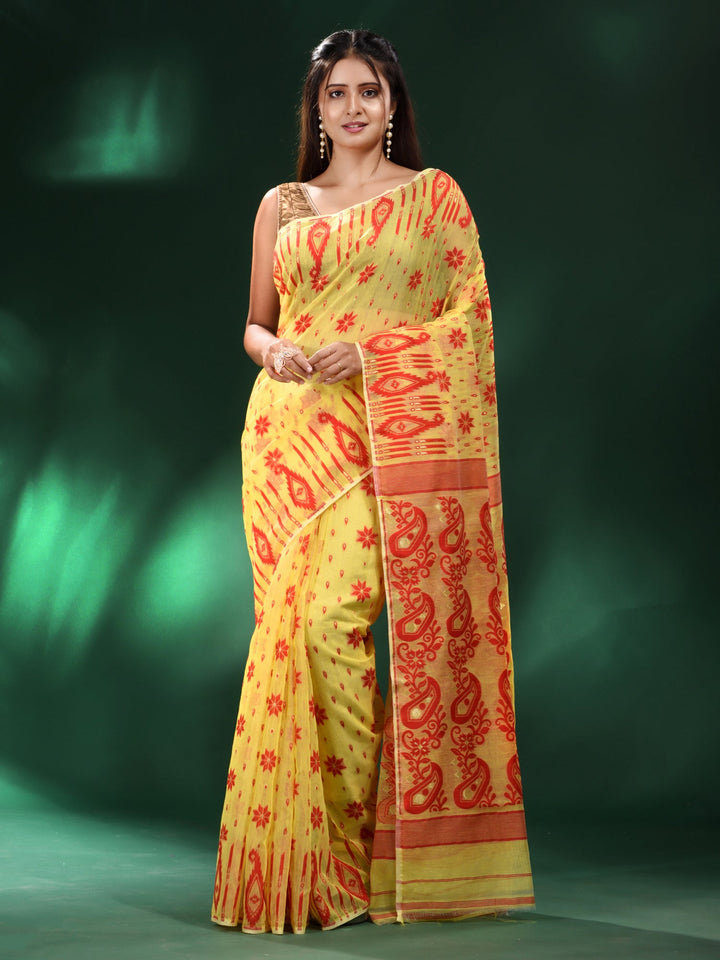 CHARUKRITI Yellow Silk Cotton Handwoven Soft Jamdani Saree without Blouse