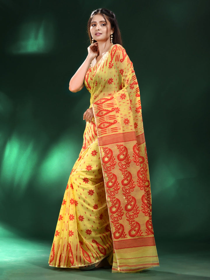 CHARUKRITI Yellow Silk Cotton Handwoven Soft Jamdani Saree without Blouse