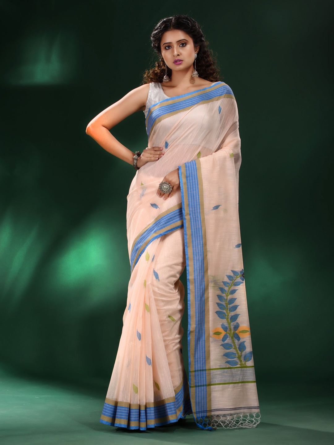 CHARUKRITI Cream Handspun Cotton Soft Saree with Unstitched Blouse