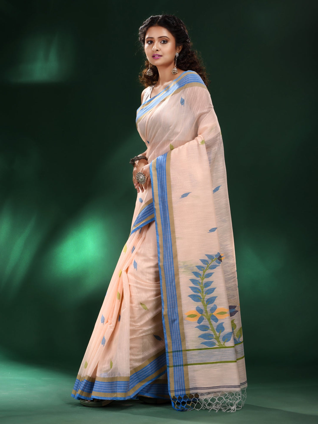 CHARUKRITI Cream Handspun Cotton Soft Saree with Unstitched Blouse