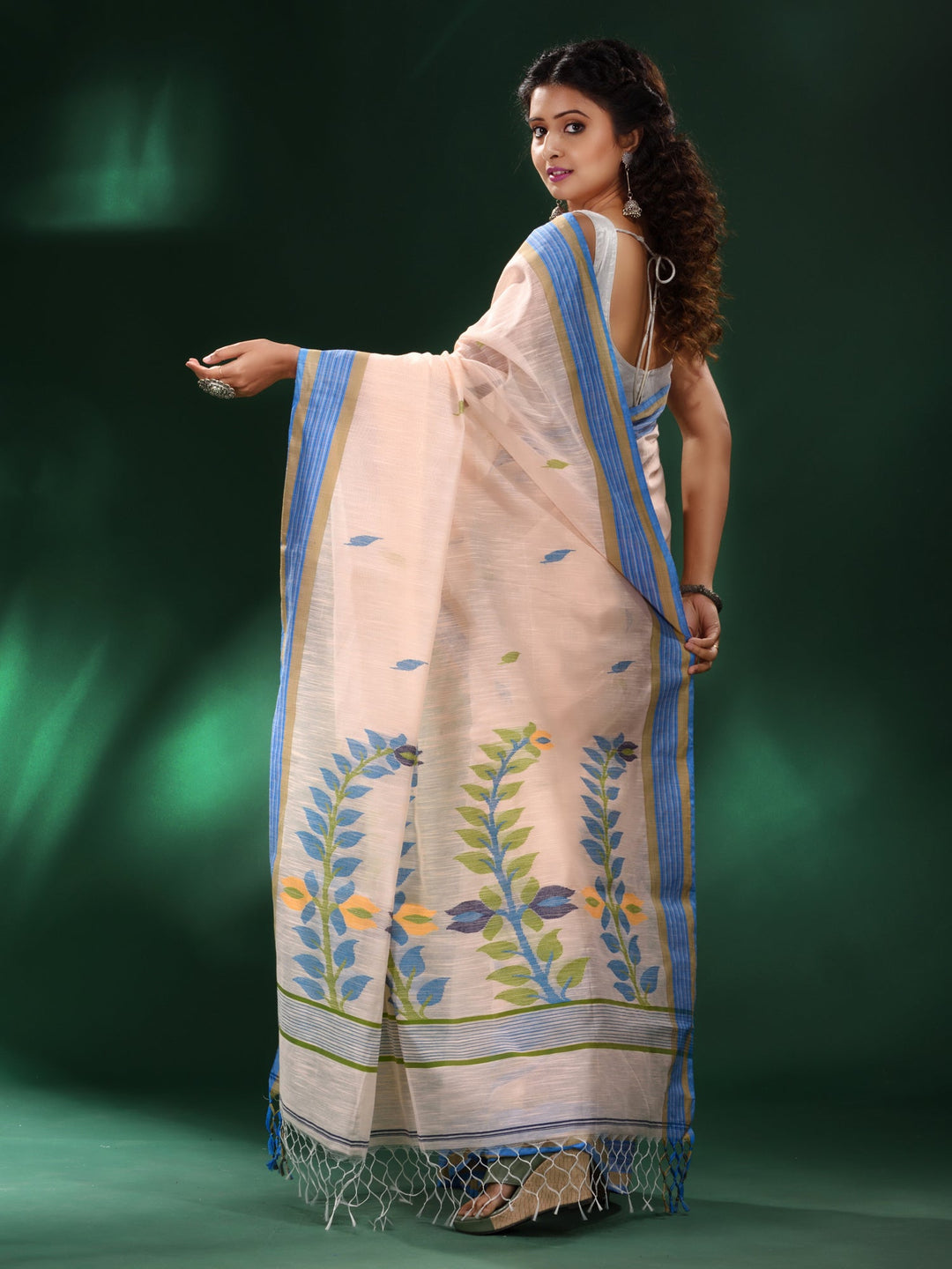 CHARUKRITI Cream Handspun Cotton Soft Saree with Unstitched Blouse