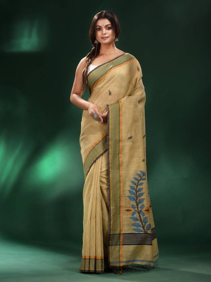 CHARUKRITI Lime Green Handspun Cotton Soft Saree with Unstitched Blouse